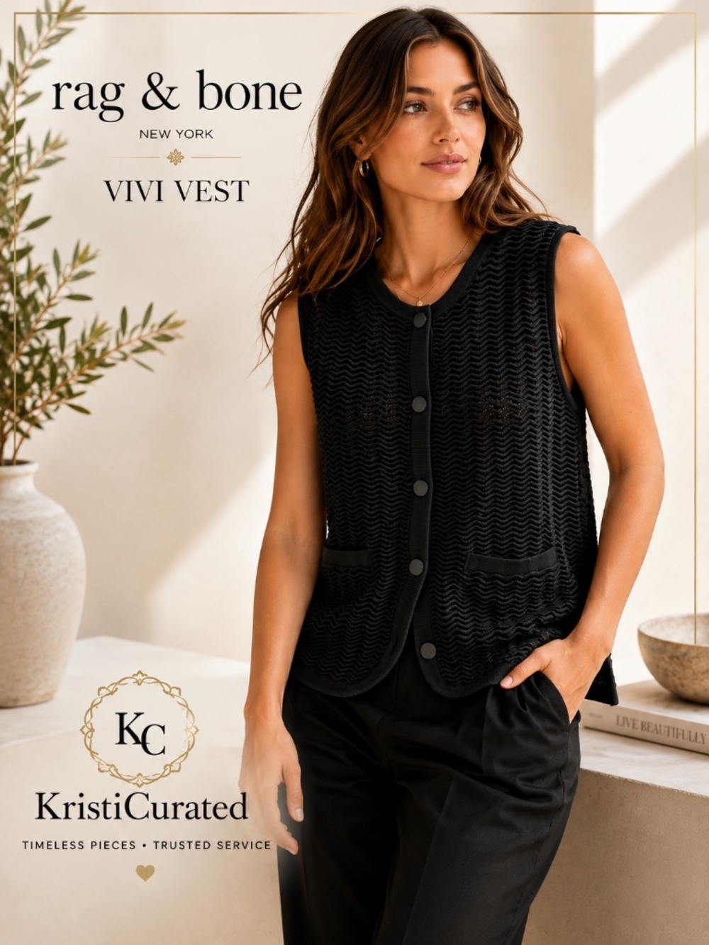 rag & bone Vivi Vest Black Textured Knit Button Front NWT M $328